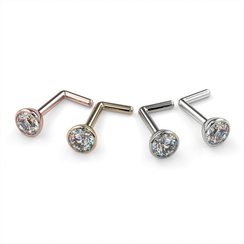 3mm diamond bezel nose stud L-post style in rose gold, yellow gold, white gold, and platinum, group view