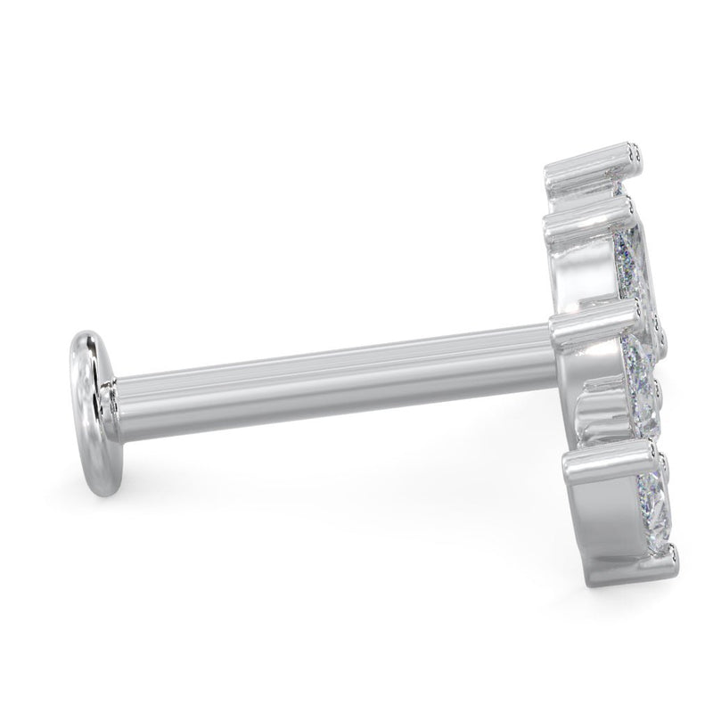 Side profile of white sapphire crescent cartilage labret showing flat back post length and disc