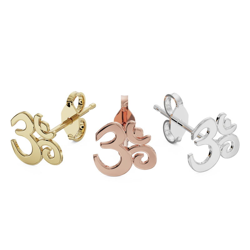 Om ohm 14k gold stud earring in yellow, rose, and white gold options side by side