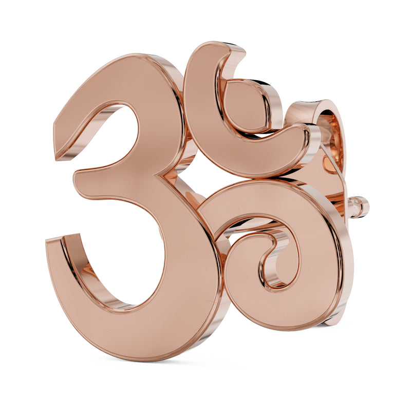 14k rose gold Om symbol stud earring, angled view showing warm-toned polished finish