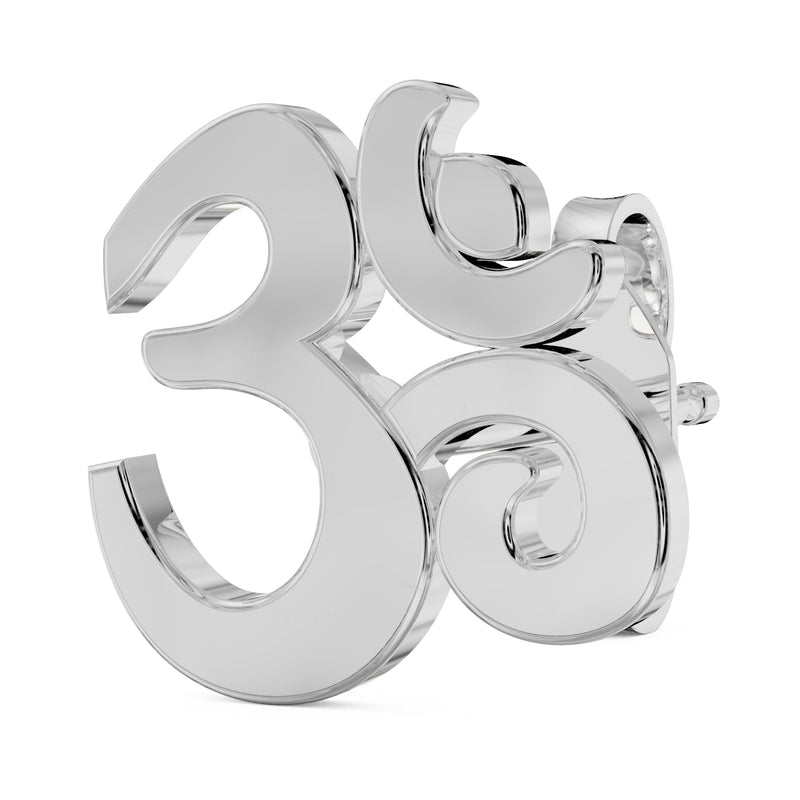 14k white gold Om symbol stud earring, angled view highlighting bright polished surface