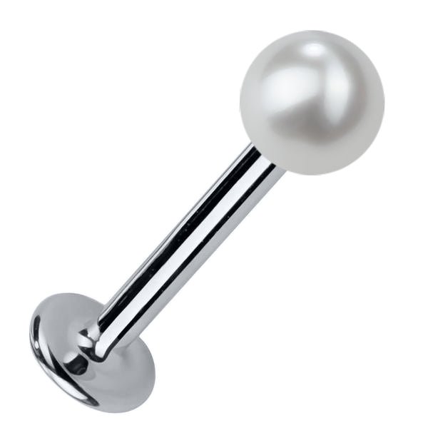 4mm cultured pearl flat back labret stud in 14K white gold, angled view showing post and flat disc