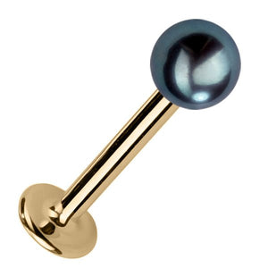 4mm peacock pearl flat back labret in 14k yellow gold, angled view showing post and disc