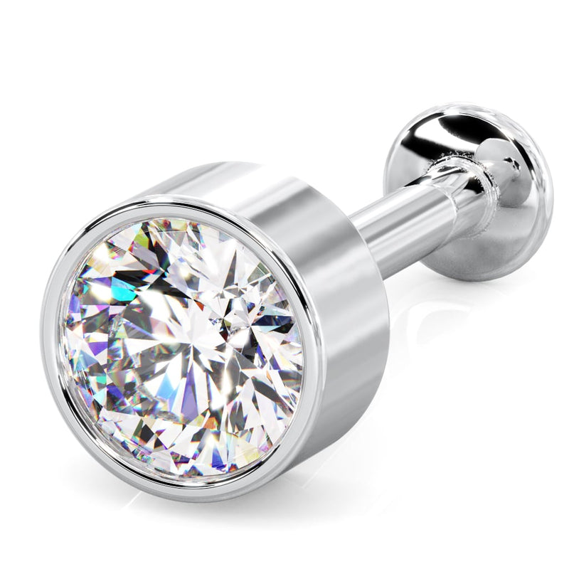 14k white gold 4mm diamond bezel flat back cartilage earring, angled front view on white background