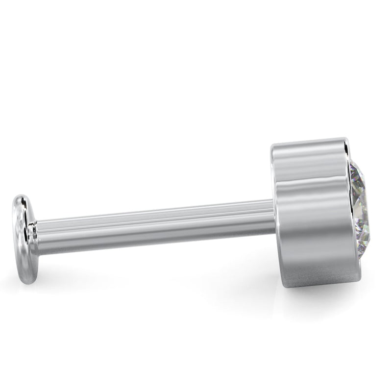 Side profile of 14k white gold 4mm diamond bezel flat back labret showing post and flat disc backing