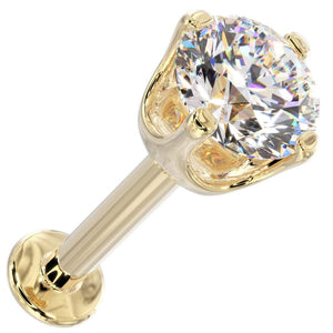 14k yellow gold flat back labret with 3.5mm CZ in high-set basket prong setting, angled view