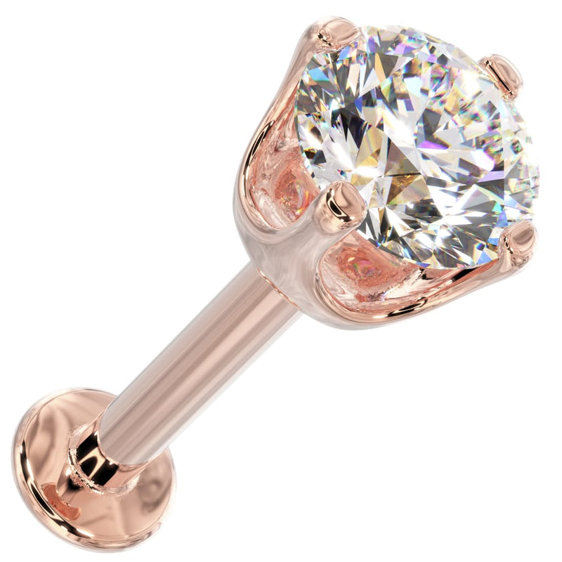 14k rose gold flat back labret with 3.5mm CZ in high-set basket prong setting, angled view