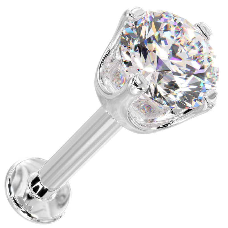 14k white gold flat back labret with 3.5mm CZ high-set prong basket, angled view showing post and disc