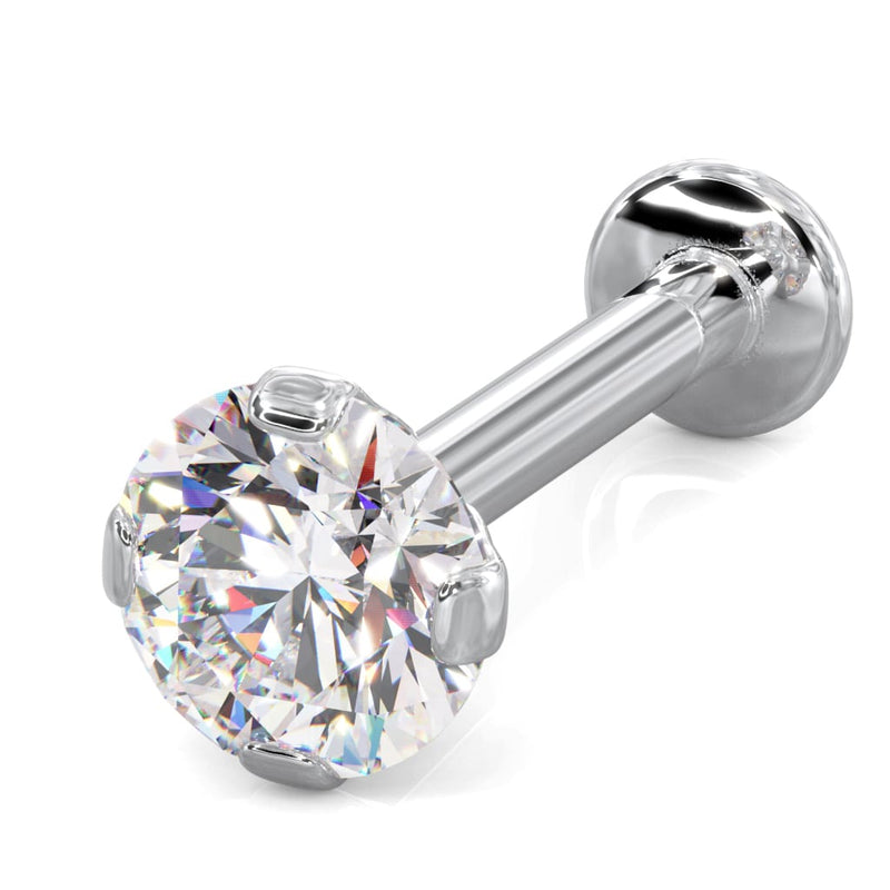 14k white gold 3.5mm CZ flat back labret, angled view showing martini prong setting and flat disc