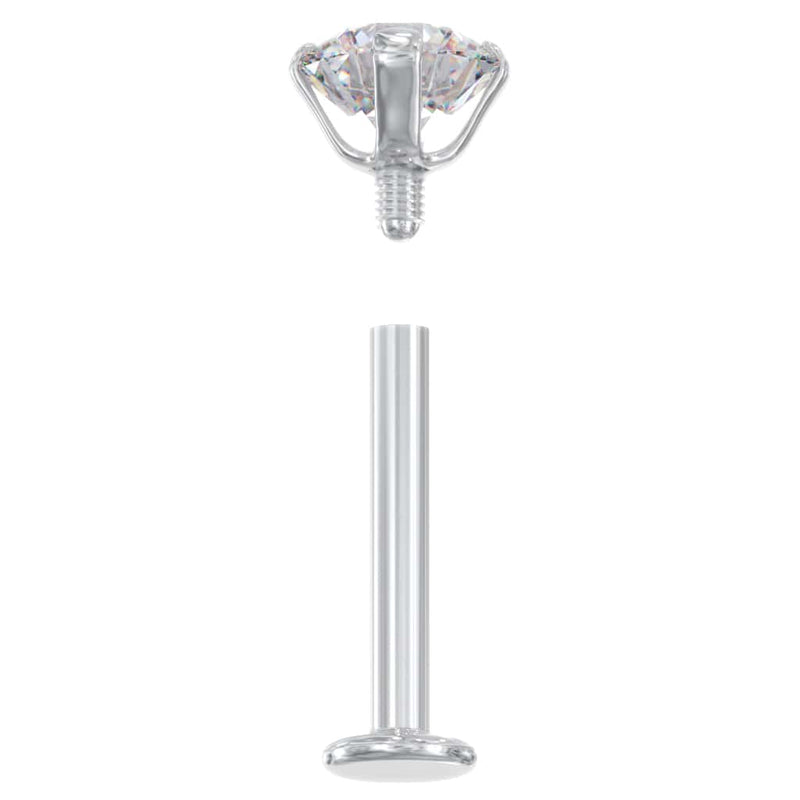 14k white gold diamond labret shown disassembled with threaded stone end separated from flat back post