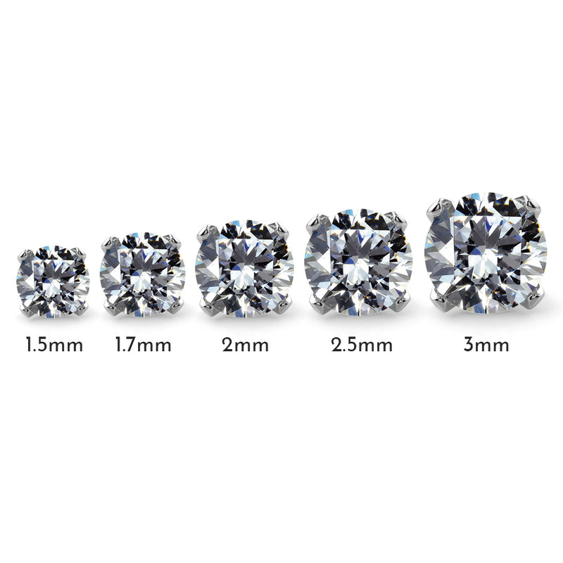 Size comparison of CZ nose ring stones from 1.5mm to 3mm in prong settings