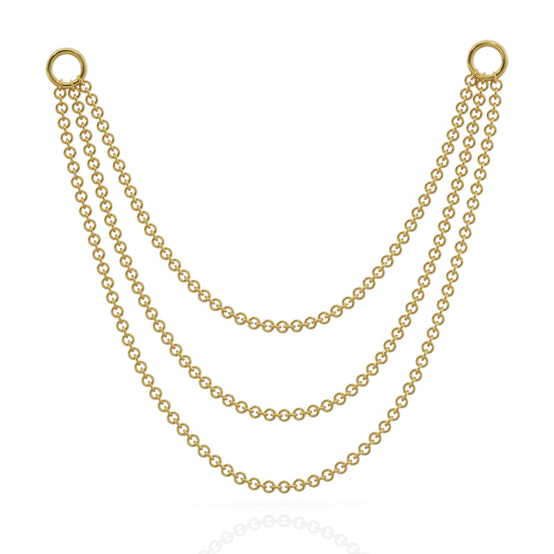14k yellow gold three-link piercing chain connector, 100mm, longest triple drape length with ring clasps, front view