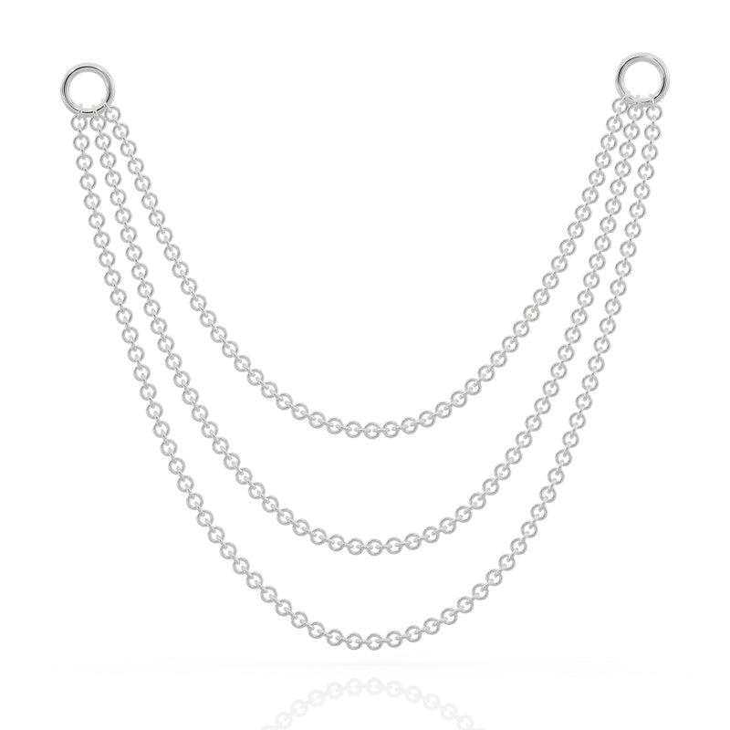 14k white gold three-link piercing chain connector, 100mm, wide triple drape with polished ring clasps, front view