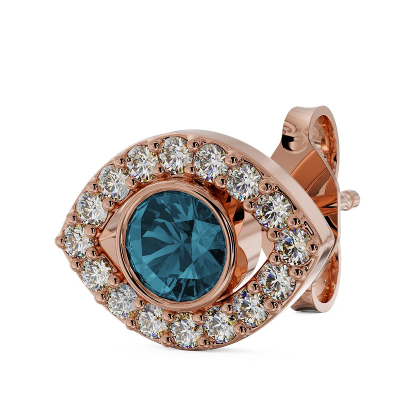 14k rose gold evil eye stud earring with bezel-set blue topaz and diamond halo, angled side view