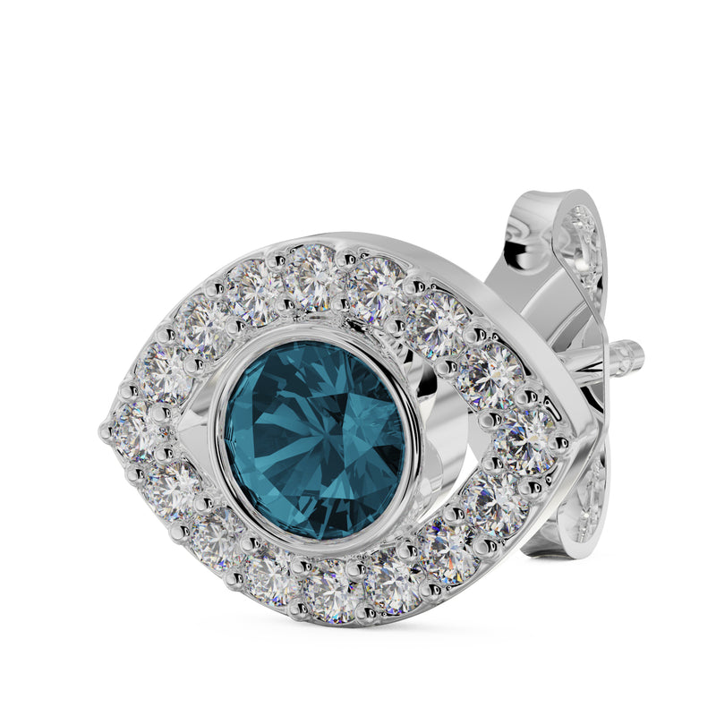 14k white gold evil eye stud earring with bezel-set blue topaz and diamond surround, angled product view
