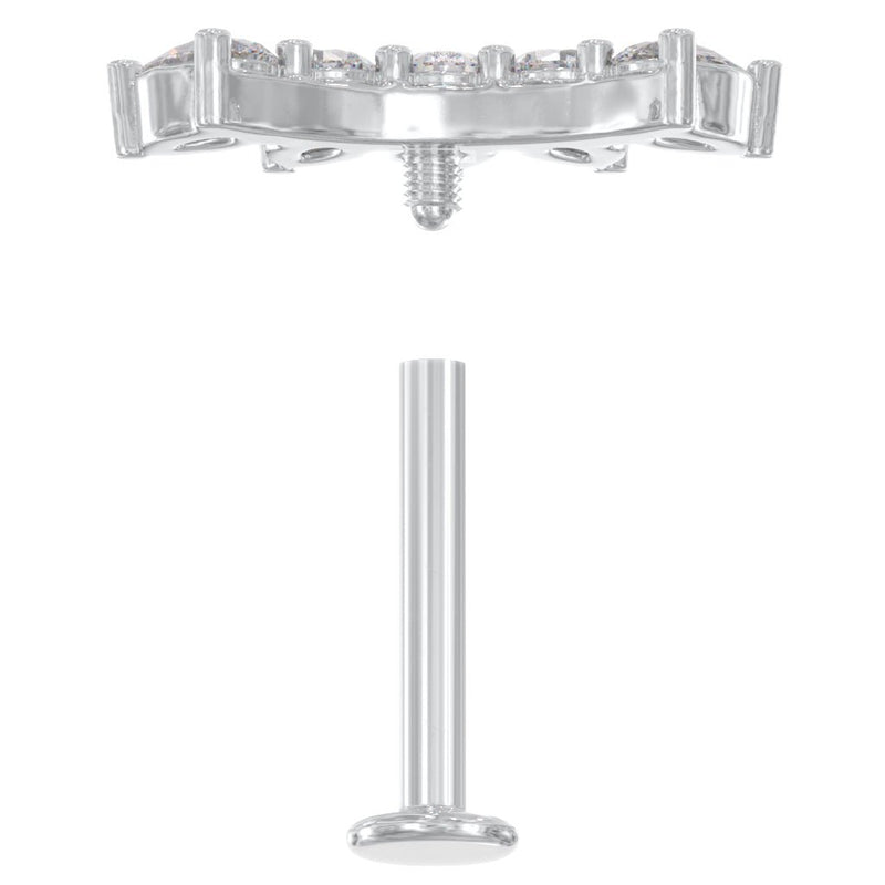 Reverse view of white sapphire crescent stud showing internally threaded post and flat back disc