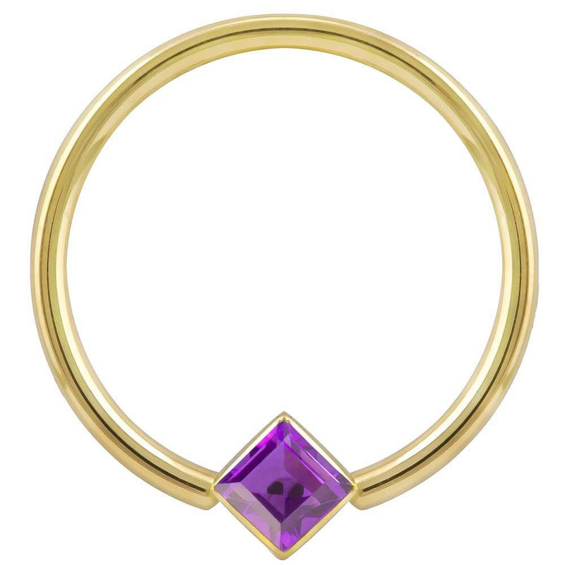 14k yellow gold fixed bead ring with purple princess-cut CZ in corner-mount bezel, front view