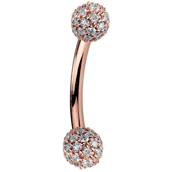 Diamond Pave 14K Gold Curved Barbell 5mm Balls-14K Yellow Gold   14G   3 8