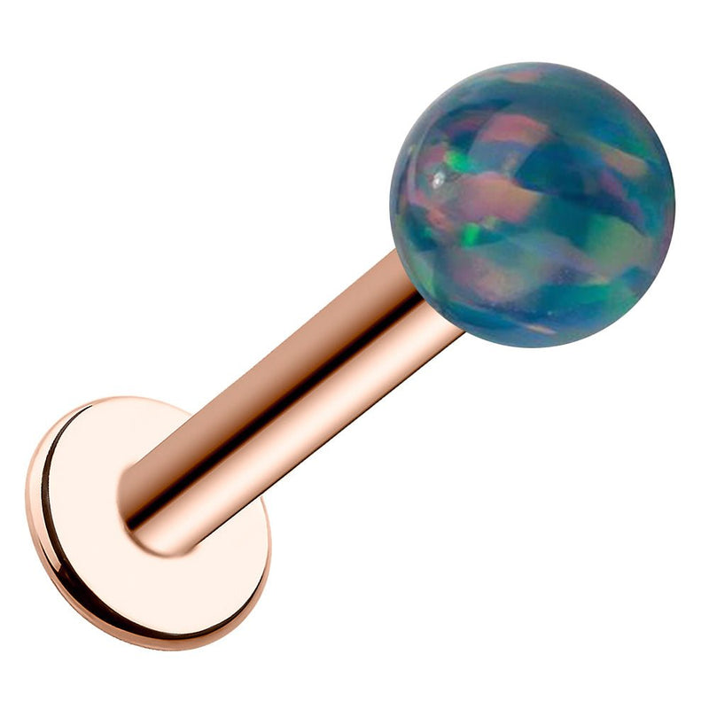 14k rose gold flat back labret with 5mm teal opal ball, warm pink gold post and flat disc backing