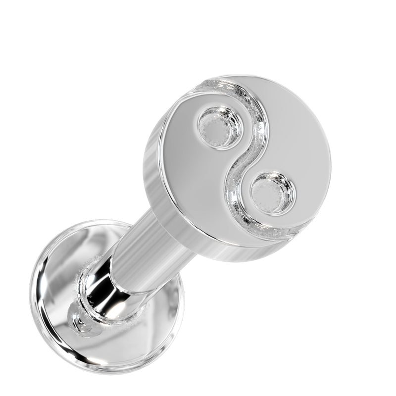 14k white gold yin yang flat back stud, overhead angle highlighting engraved yin yang symbol on disc top