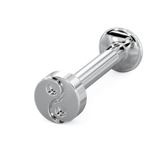 14k white gold yin yang flat back labret stud, angled side view showing post length and flat disc back