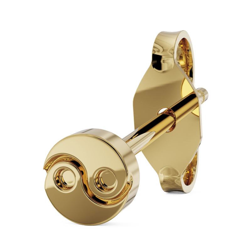 Angled side view of 5mm yin yang 14k yellow gold stud earring showing post and butterfly backing