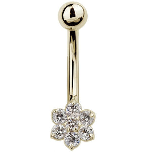 14k yellow gold CZ flower belly ring with 7 round cubic zirconia gems, front view on white background