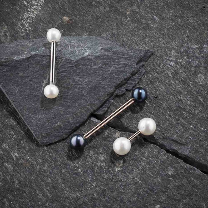 14K gold pearl straight barbells on slate — rose gold with mixed pearls and white gold with white pearls shown together