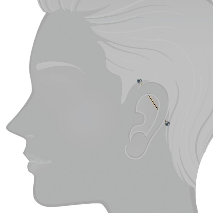 14K gold peacock pearl industrial barbell shown in ear cartilage piercing for fit reference