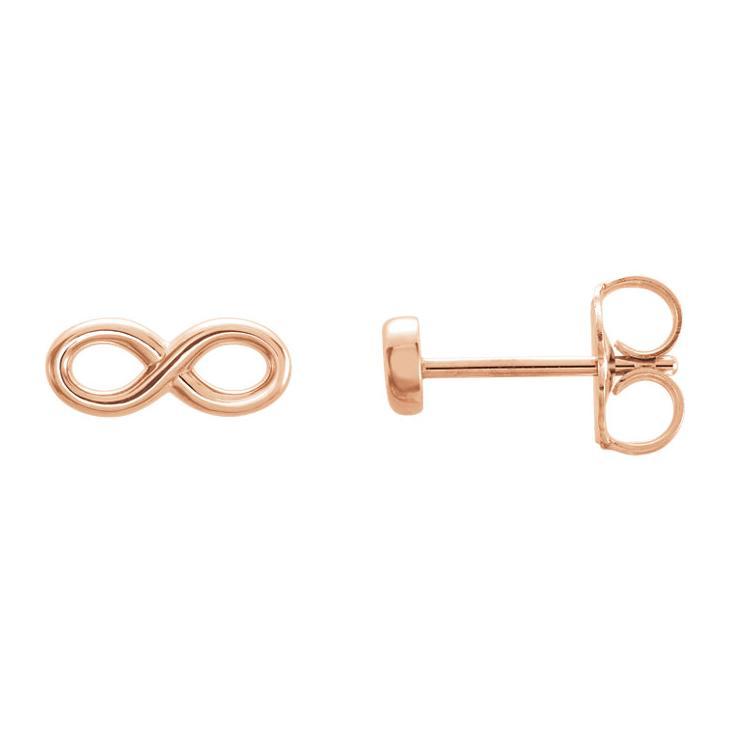 14K rose gold infinity symbol stud earrings showing front charm and side post with butterfly back