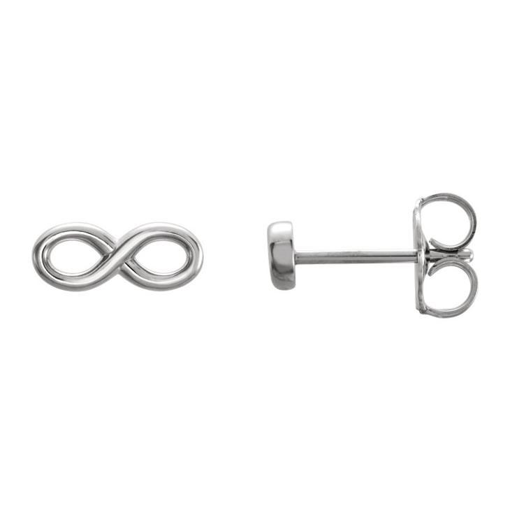 14K white gold infinity symbol stud earrings showing charm front and side post with butterfly back