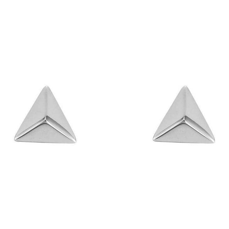 Pair of 14K white gold pyramid stud earrings, polished geometric 5.5mm studs shown from the front