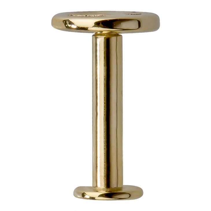 Reverse view of 14K yellow gold peace sign labret showing post length and flat disc backing