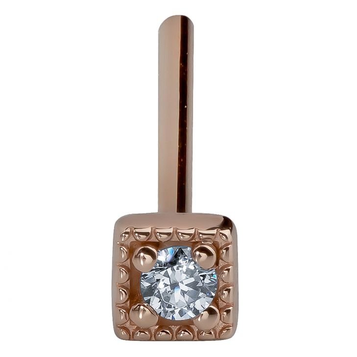 14K rose gold square CZ nose ring with straight pin post, front-facing angled view of bezel head