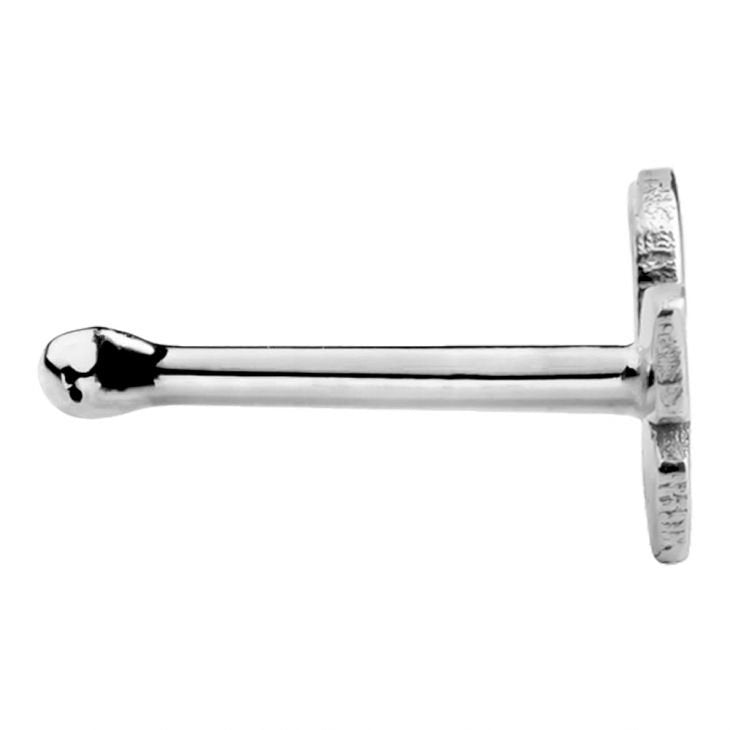 Side profile of 14K white gold butterfly nose bone showing rounded tip and post length