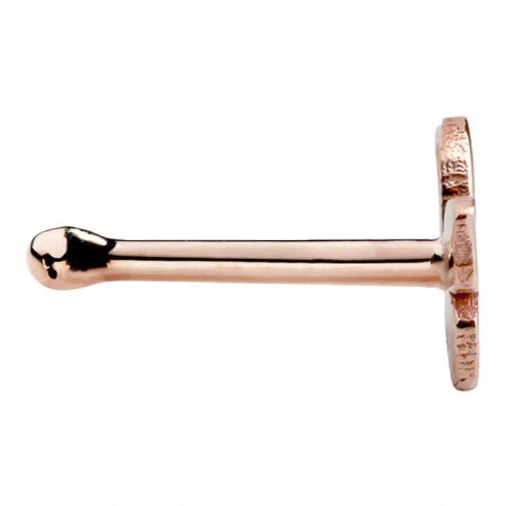 Side profile of 14K rose gold butterfly nose bone showing rounded tip and post length