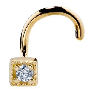 14K yellow gold square CZ nose ring with twist post, front view showing beaded bezel detail