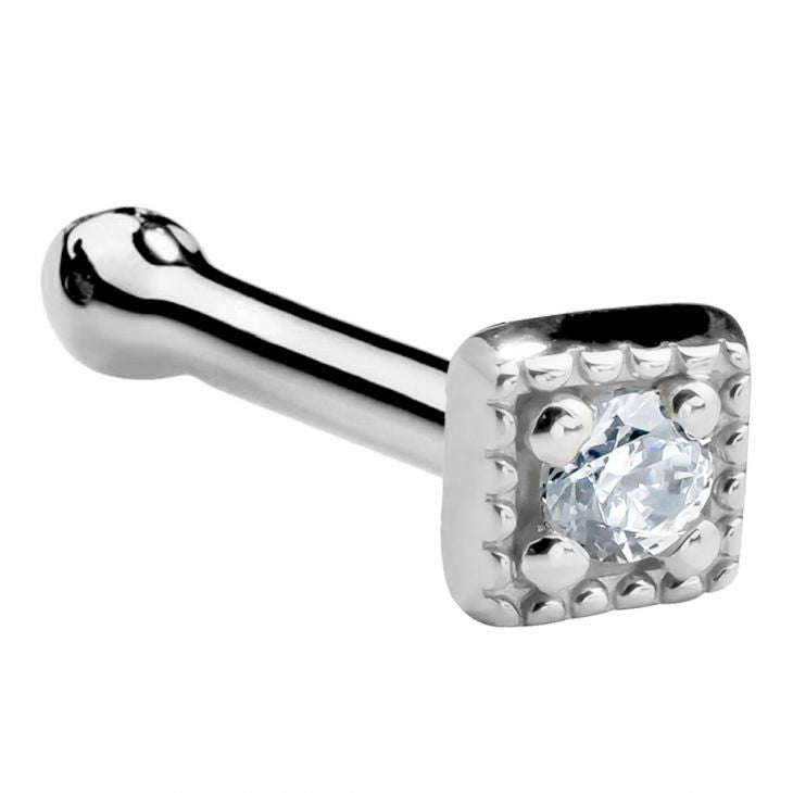 14K white gold square CZ nose bone stud, angled view showing ball end and beaded square bezel