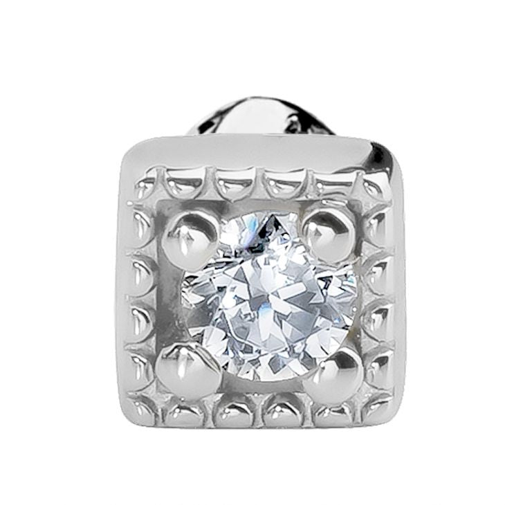 Close-up front view of 14K white gold square CZ nose ring showing beaded bezel setting detail
