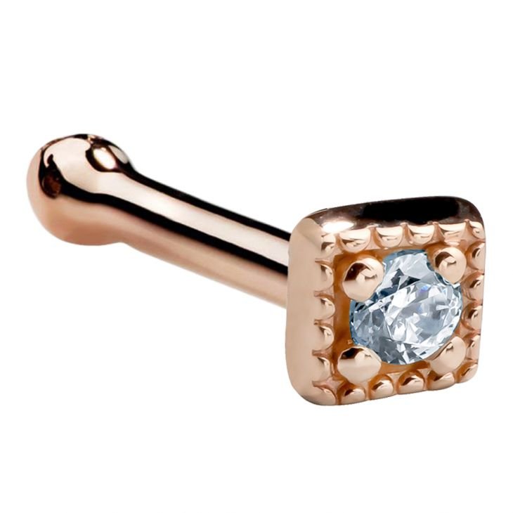 14K rose gold square CZ nose bone stud, angled view showing ball end and beaded square bezel