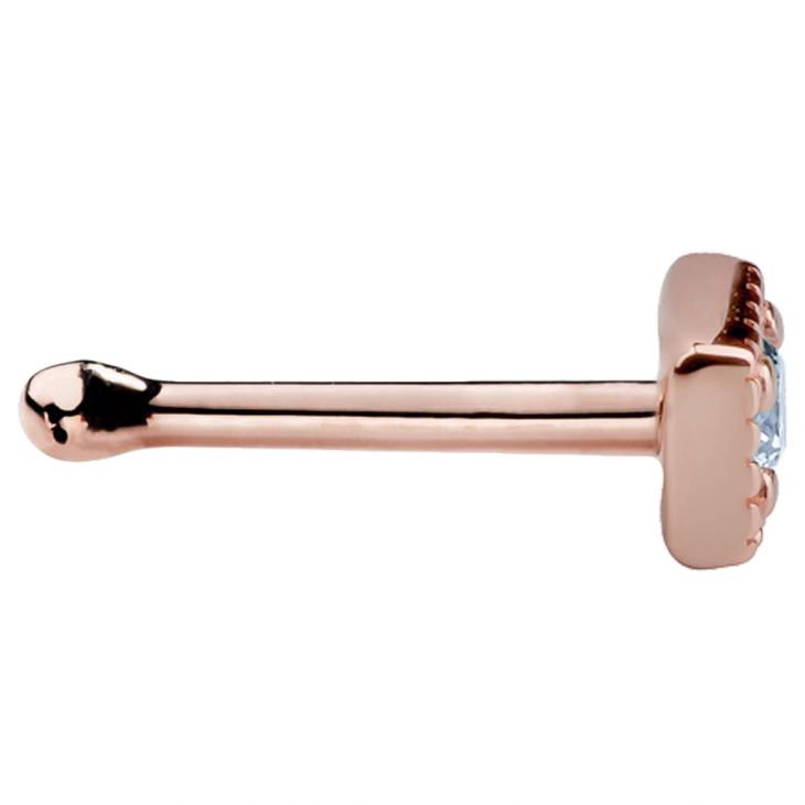 Side profile of 14K rose gold square CZ nose bone stud showing straight post with ball end
