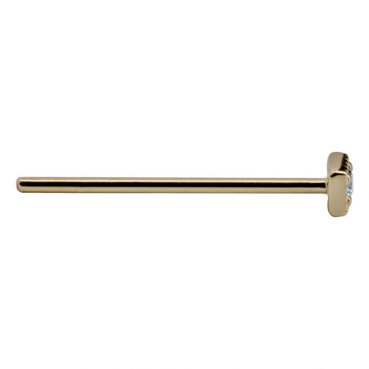 14K yellow gold square CZ nose ring, straight pin post shown in full side profile for length reference