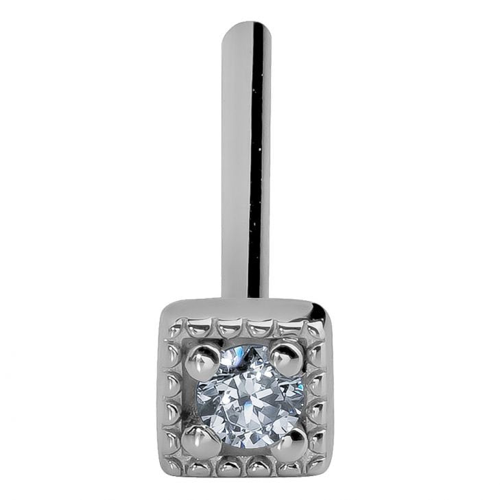 14K white gold square CZ nose ring with straight pin post, front-facing angled view of bezel head