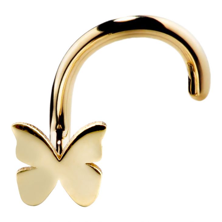 14K yellow gold butterfly nose ring twist style, front view on white background