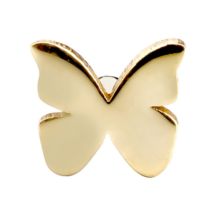 Close-up front view of 14K yellow gold butterfly charm showing wing shape and polished finish