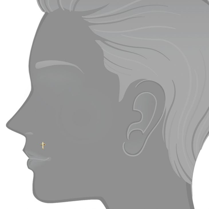 14K gold cross flat back labret shown as nose stud on illustrated face profile