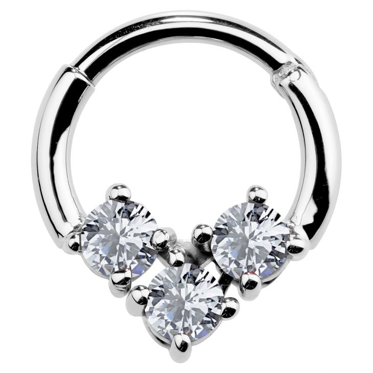 14K white gold hinged segment clicker ring with triple CZ cluster, front view on white background