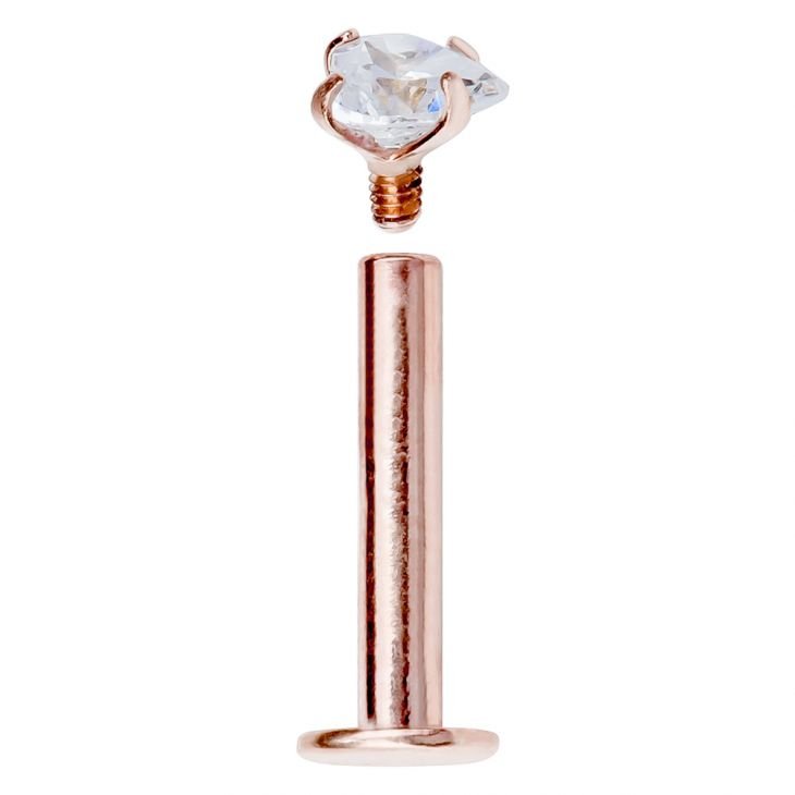 14k rose gold heart CZ labret disassembled, showing internally threaded post separated from gem top
