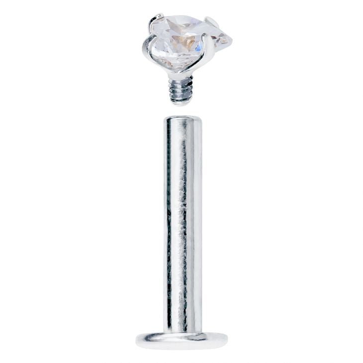 14k white gold heart CZ labret disassembled, showing internally threaded post separated from gem top