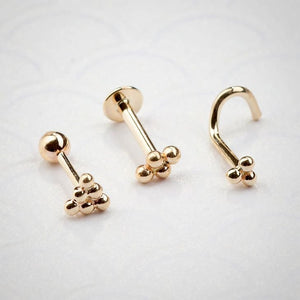 14K rose gold trinity bead nose ring in all three styles: bone, straight post, and twist screw